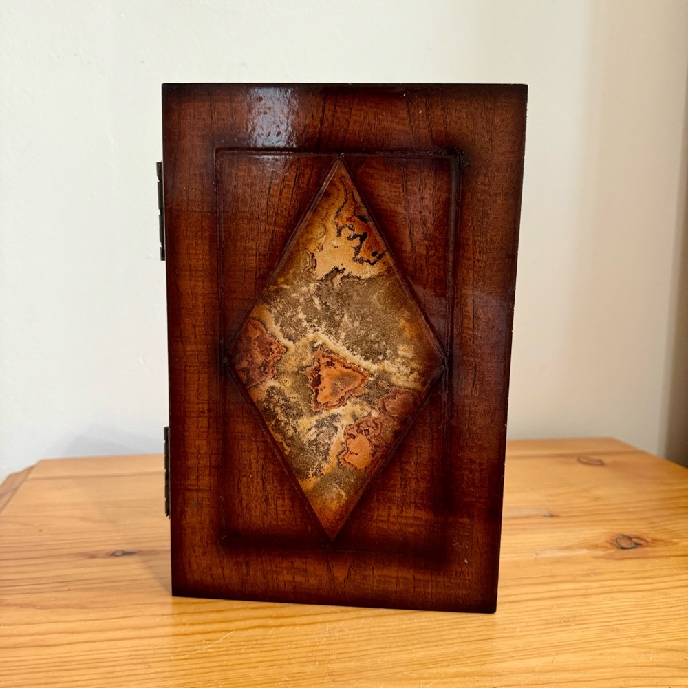 Vintage Wooden Decorative Stash Box with Geometric Design Inlay Diamond